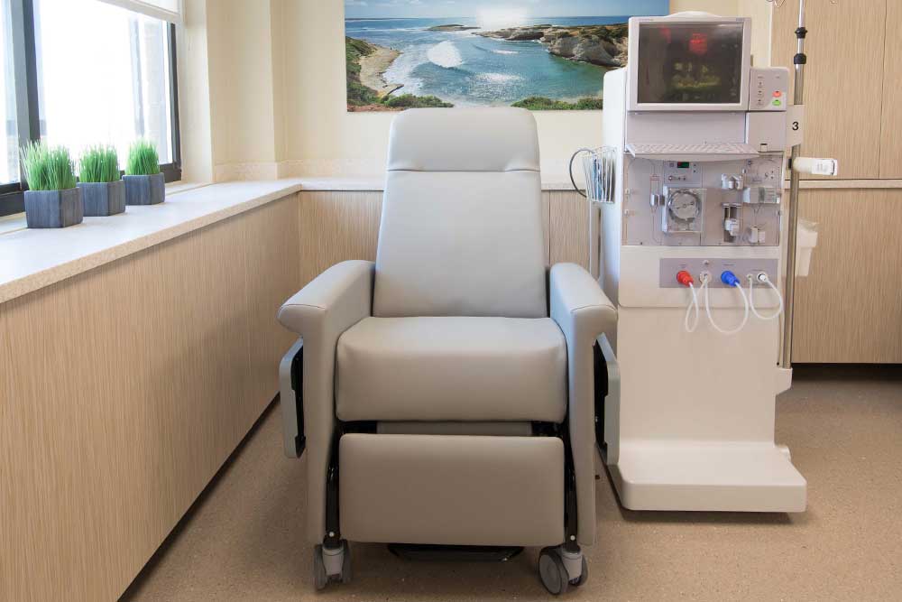 Comfortable chair next to dialysis machine at Sea Crest Nursing and Rehabilitation Center.